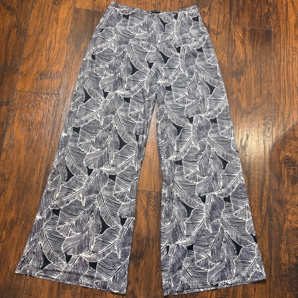 Arolina Palazzo Pants Womens Large Black White Palm Leaf Print Wide Leg Pant